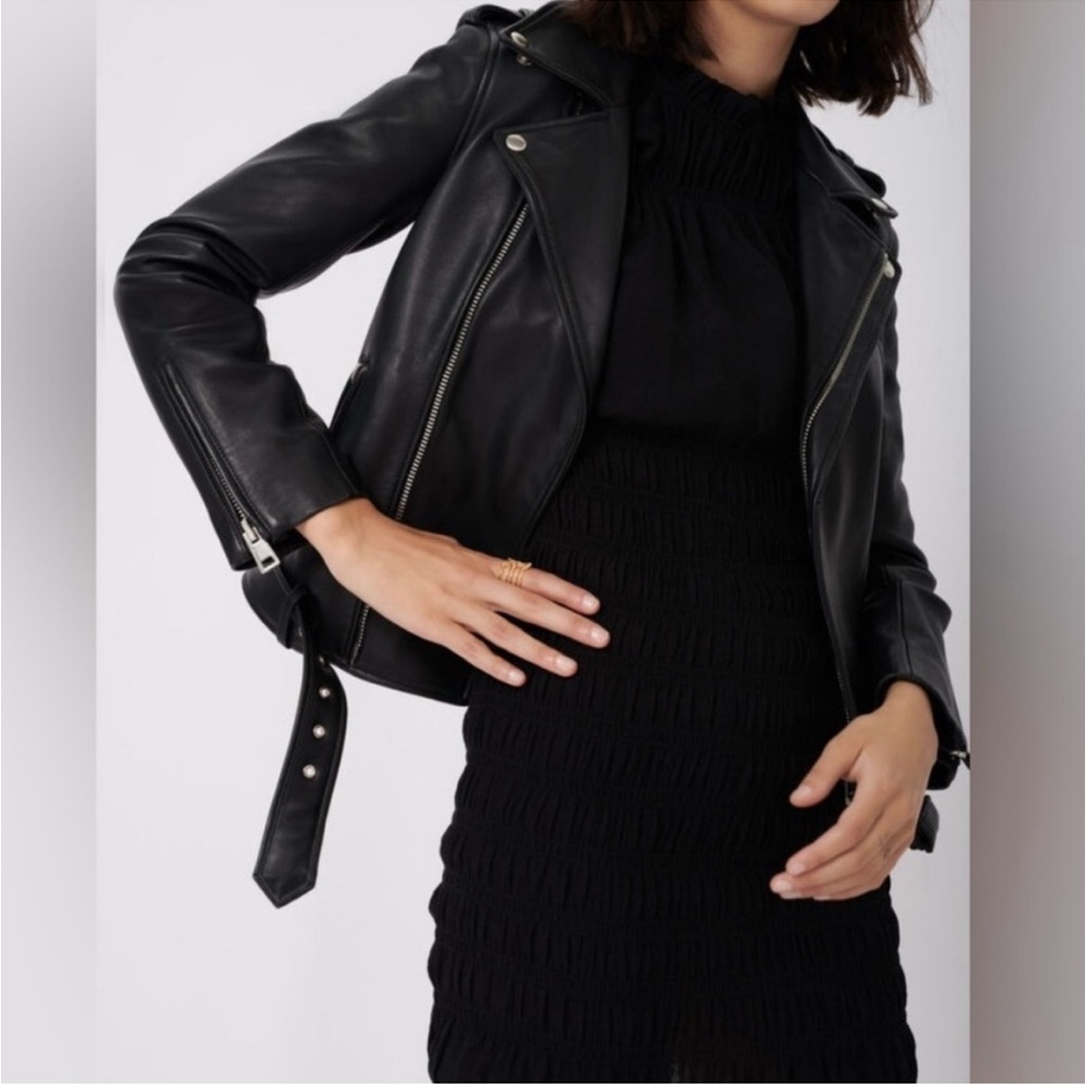 Maje cropped Lambskin Leather Moto Jacket Black Size S